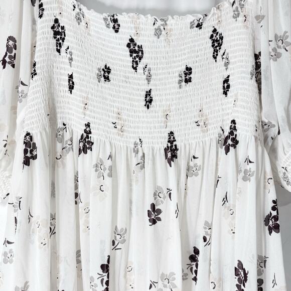 Free People Delta Dawn Floral Mesh Smocked Top M half Sleeve Boho Peasant Blouse - Picture 4 of 5